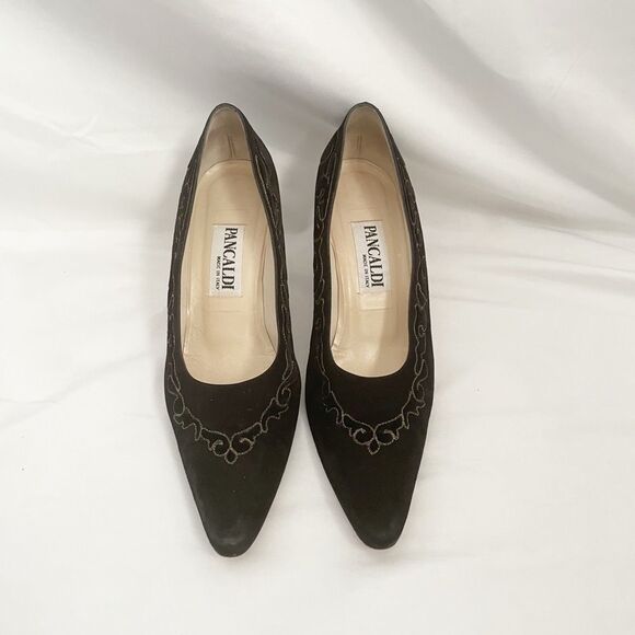 pancaldi Shoes - Pancaldi Black Suede Embroidered Heels 7.5”